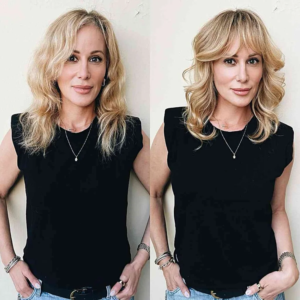 Chic Blonde Shag with Curtain Bangs for Fine Haired Individuals