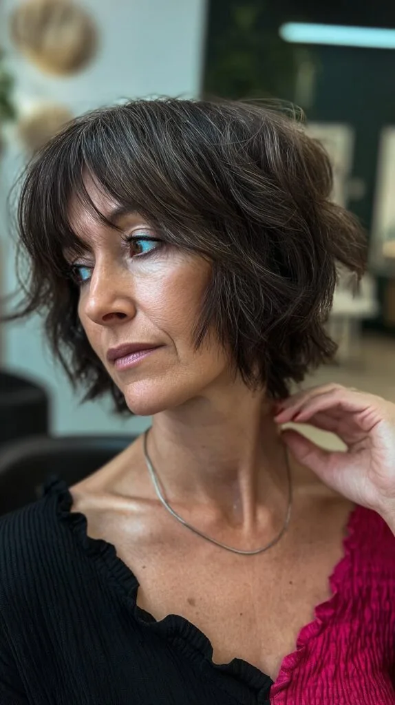 Chic Chestnut Waved Bob with Soft Fringe