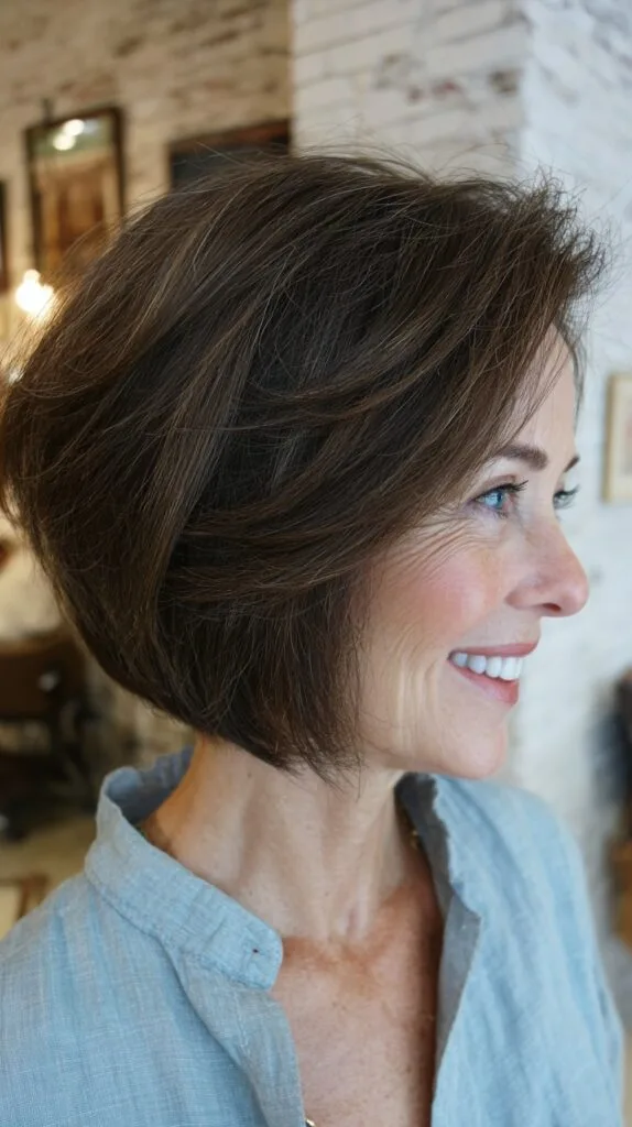 Chic Chocolate Layered Bob with Natural Gray Highlights