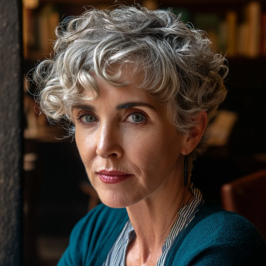 Chic Curly Gray Hairstyle with Defined Texture