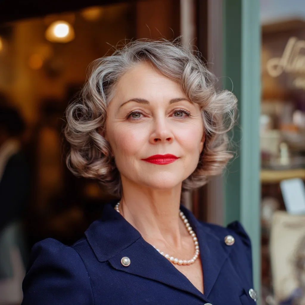 Chic Curly Gray Hairstyle with Defined Volume