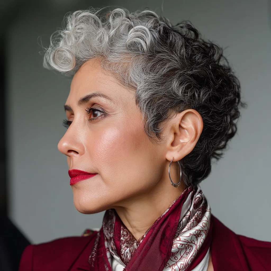 Chic Curly Gray Pixie with Defined Curls
