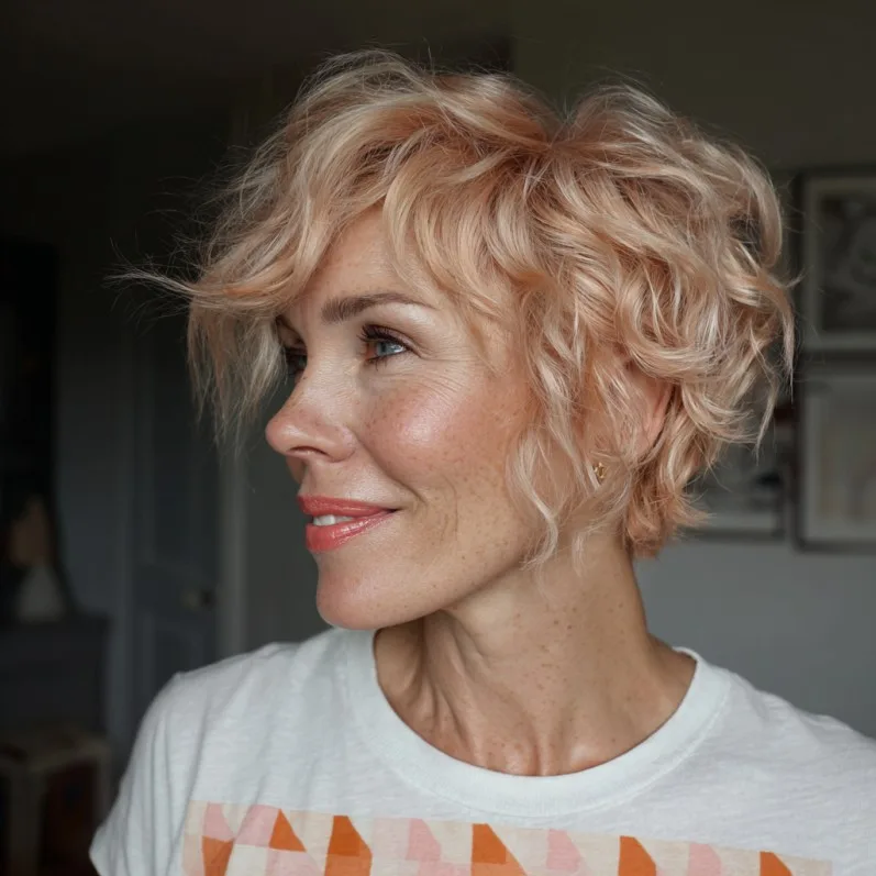 Chic Curly Pixie Cut with Soft Peach Tones