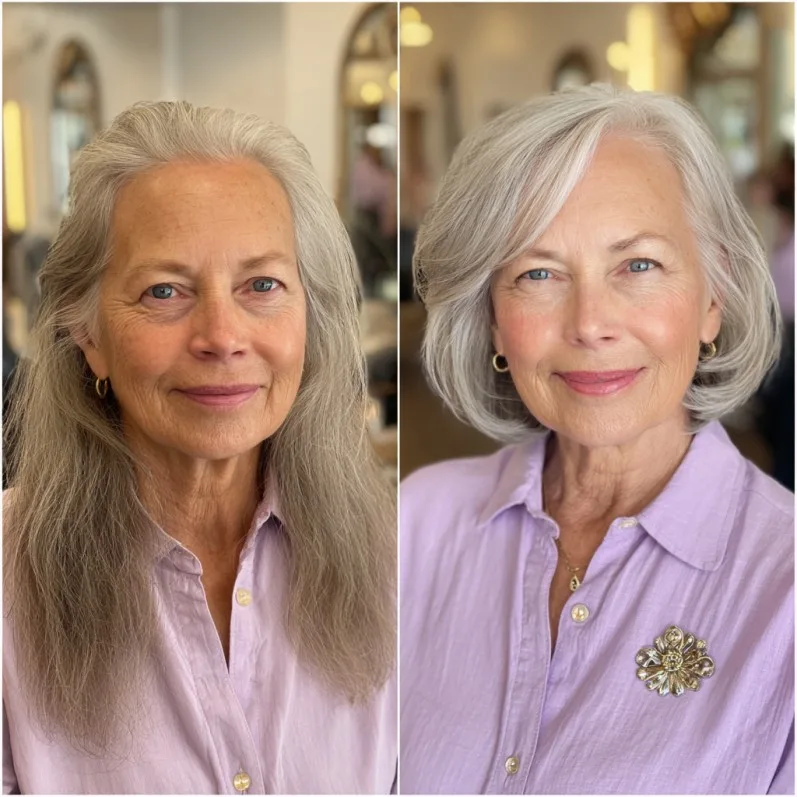 Chic Feathered Silver Bob with Gentle Layers