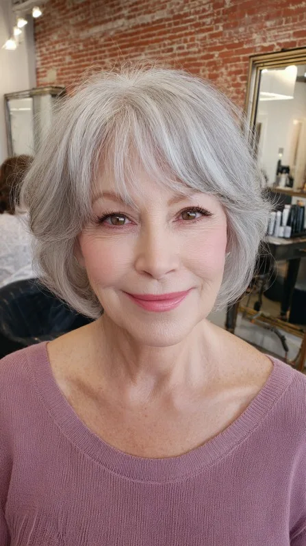 Chic Feathered Silver Bob with Soft Bangs