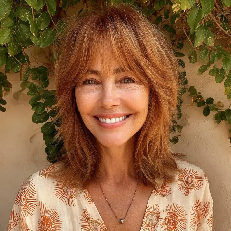 Chic Layered Cinnamon Brown Cut with Face-Framing Bangs