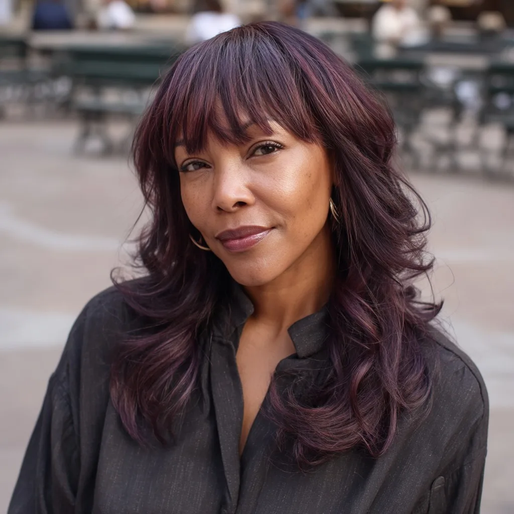 Chic Layered Cut with Subtle Burgundy Highlights