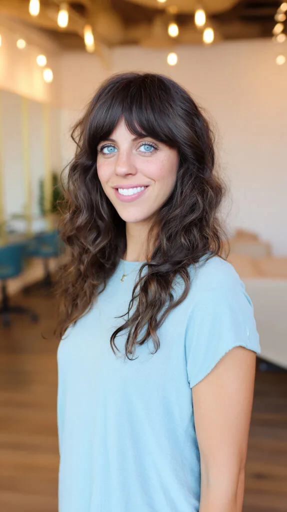 Chic Long Curly Layers with Face-Framing Bangs