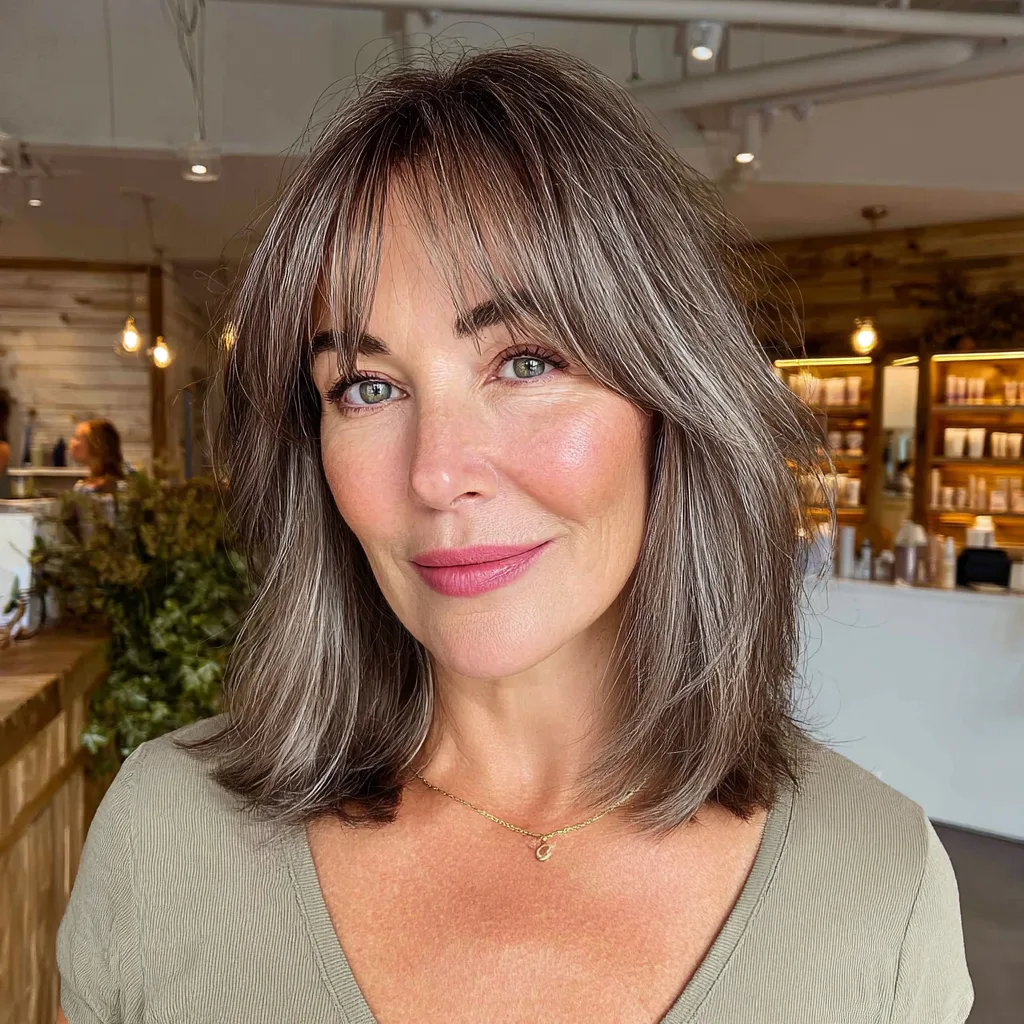 Chic Long Lob with Soft Bangs and Subtle Highlights