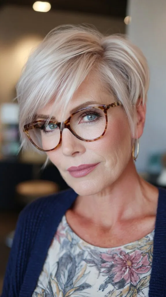 Chic Platinum Blonde Pixie with Side-Swept Bangs