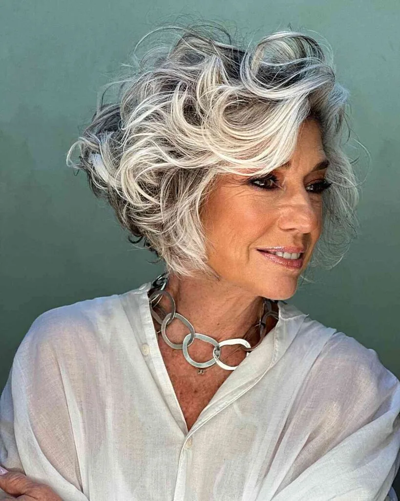 Chic Short Feathered Bob with Silver Balayage for Women Over 50