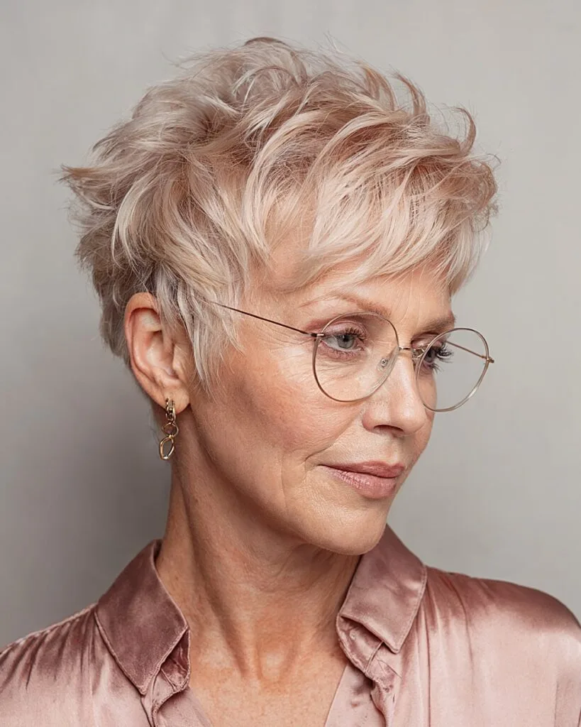 Chic short layered hairstyle over 60 with tousled pale blonde texture and soft fringe.