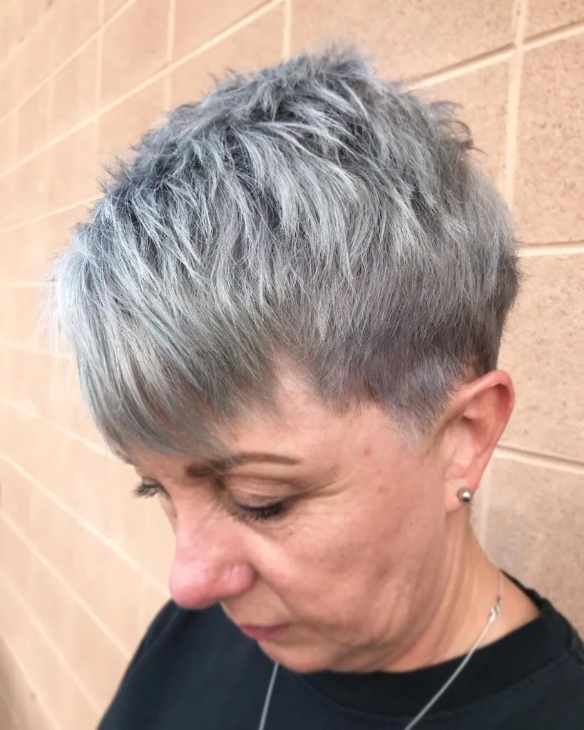 Chic Short Silver Pixie with Side Bangs for women fifty and over