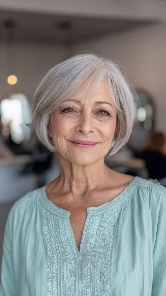 Chic Silver Feathered Bob for Mature Texture