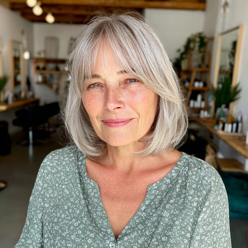 Chic Silver Lob with Soft Curtain Bangs