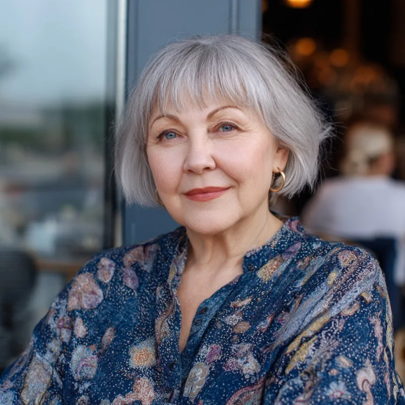 Chic Silver Razor-Cut Bob with Feathered Bangs