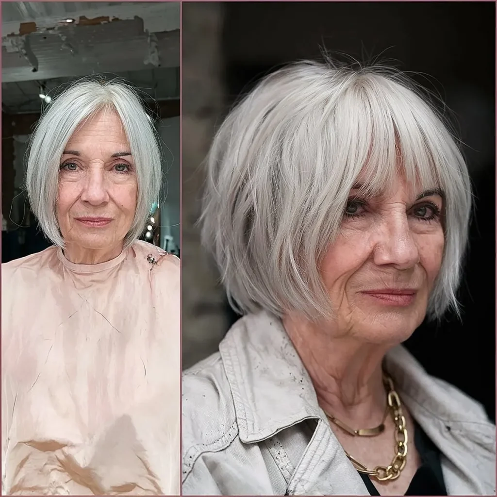 Chic Silver Short Bob with Bottleneck Bangs for Women Over 60