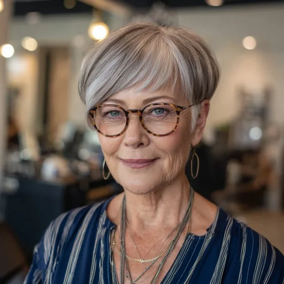 Chic Silver Short Cut with Textured Bangs