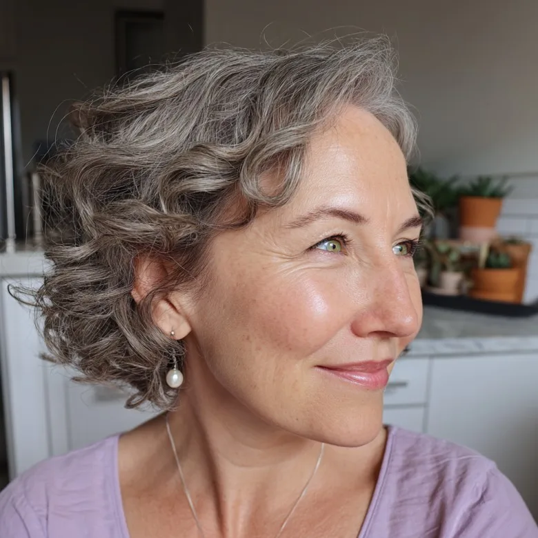 Chic Soft Curly Gray Hairstyle with Defined Shape