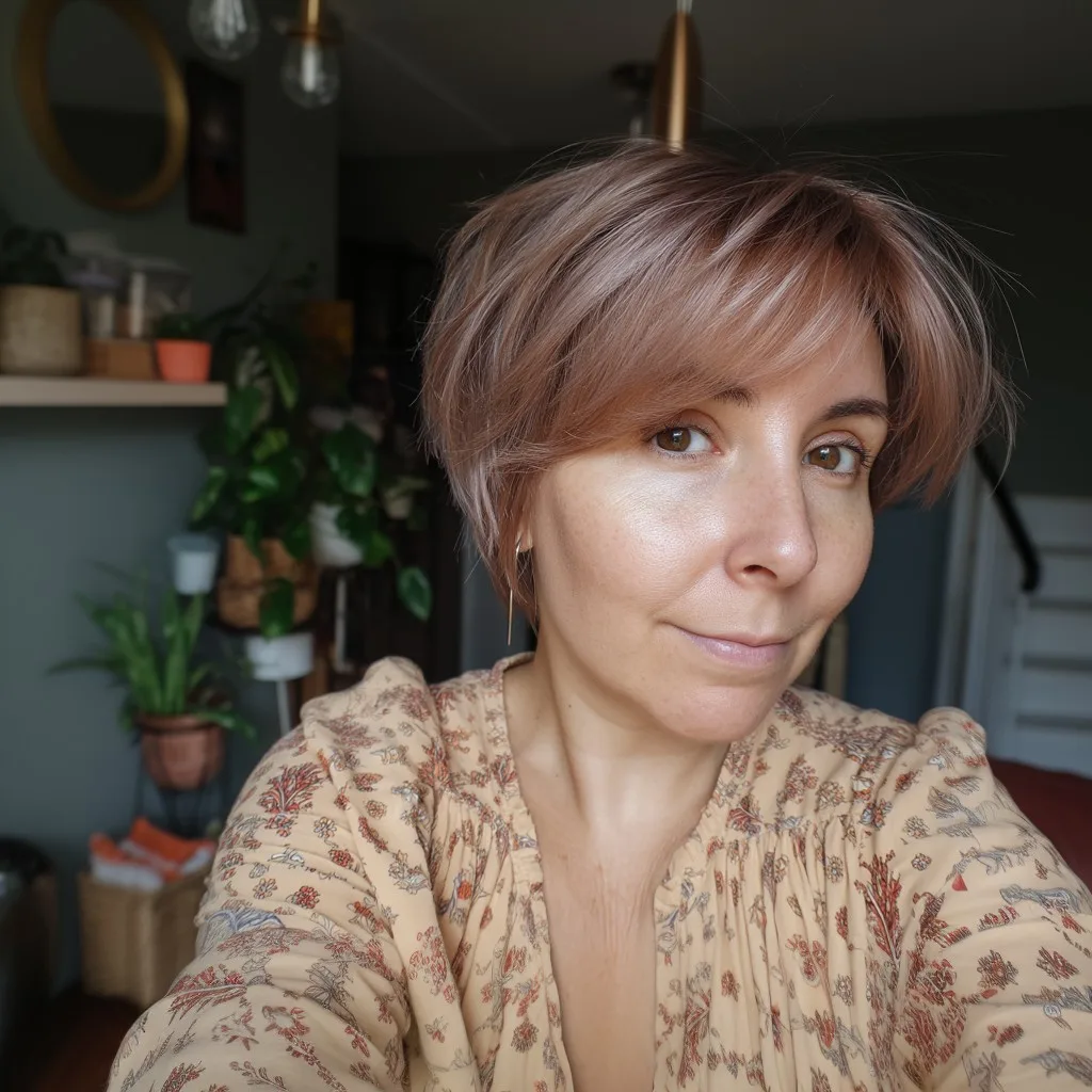 Chic Soft Rose Gold Pixie with Textured Layers