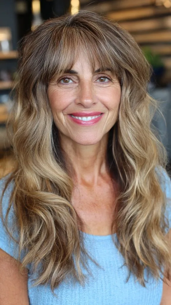 Chic Sunlit Brunette Layers with Curtain Bangs