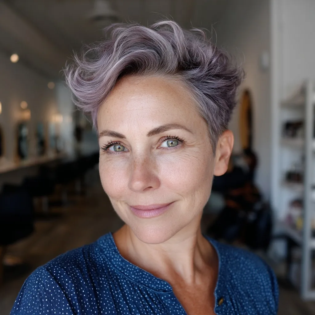 Chic Textured Asymmetrical Pixie with Lavender Hues