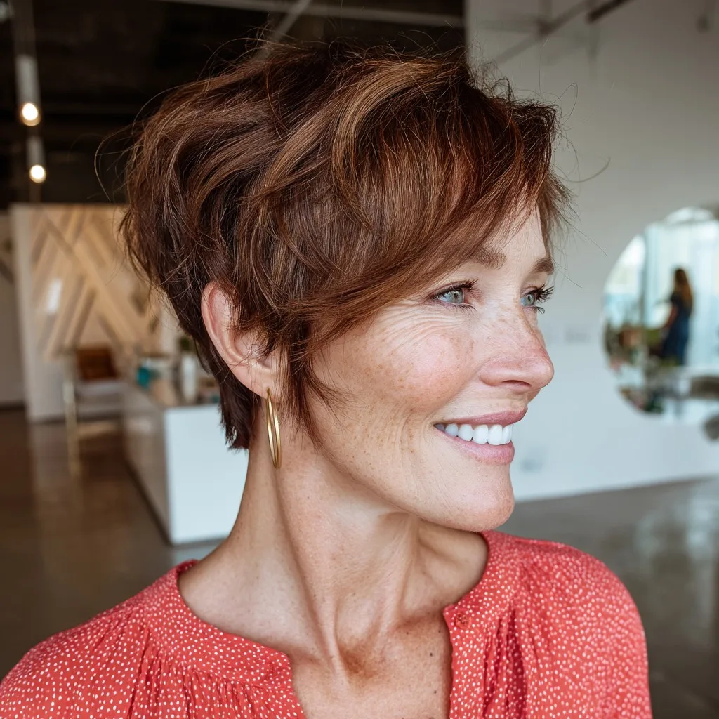 Chic Textured Asymmetrical Pixie with Warm Auburn Highlights