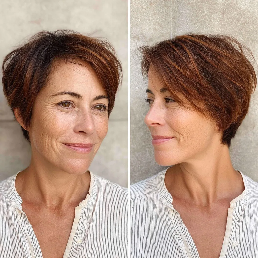 Chic Textured Asymmetrical Pixie with Warm Copper Highlights