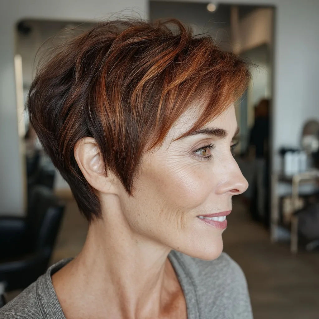 Chic Textured Asymmetrical Pixie with Warm Copper Tones