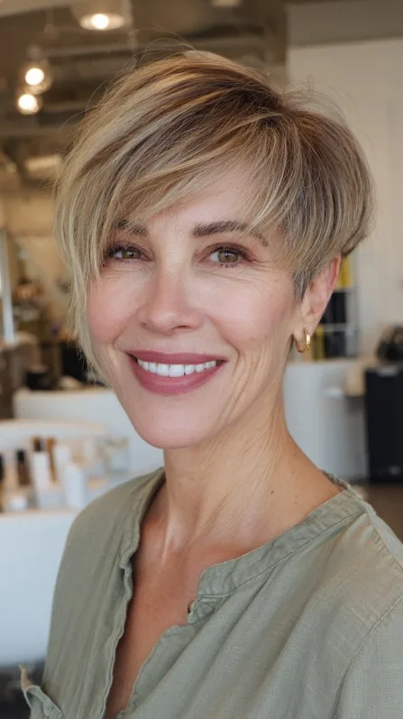 Chic Textured Blonde Pixie Cut with Side-Swept Bangs