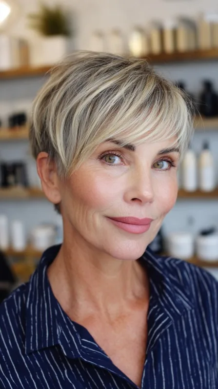 Chic Textured Blonde Pixie Cut with Soft Bangs