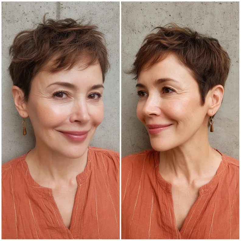 Chic Textured Cinnamon Brown Pixie Cut with Gentle Layers