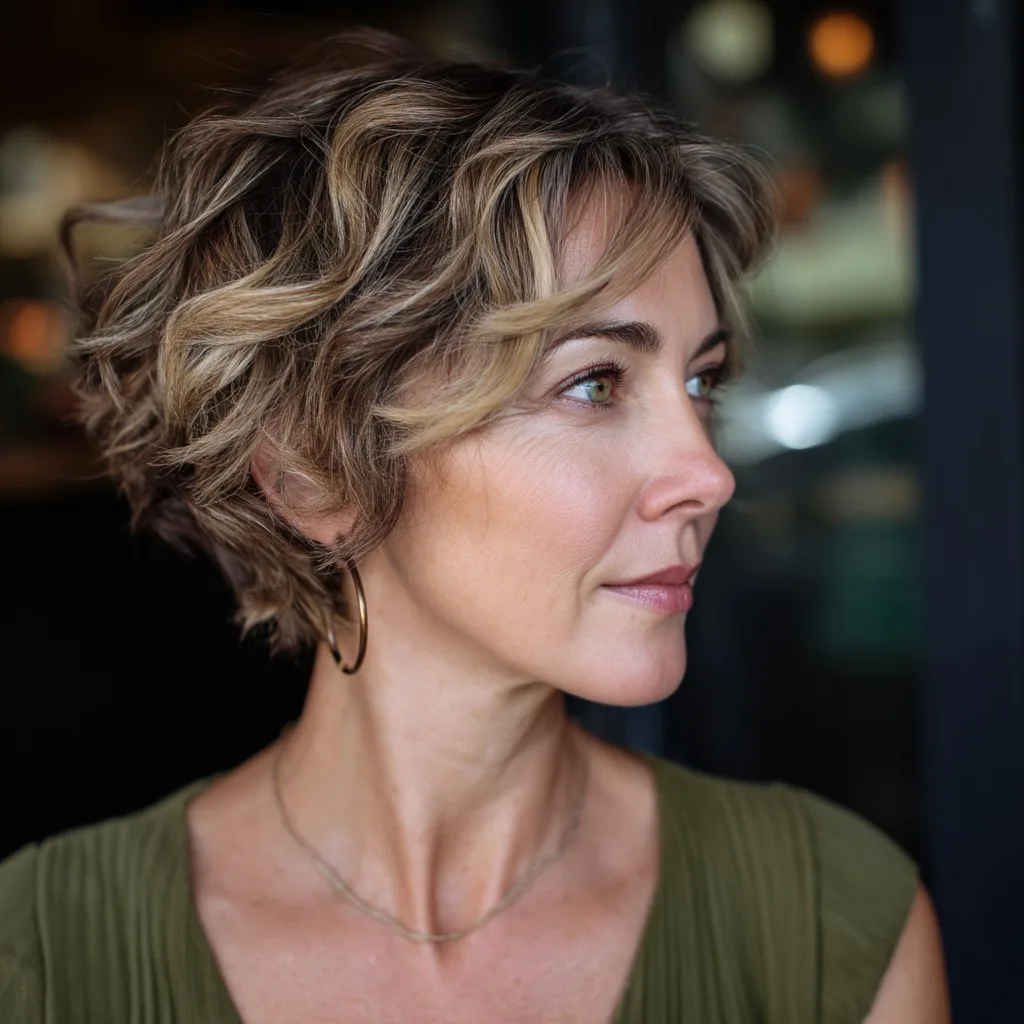 Chic Textured Curly Pixie Bob with Golden Highlights