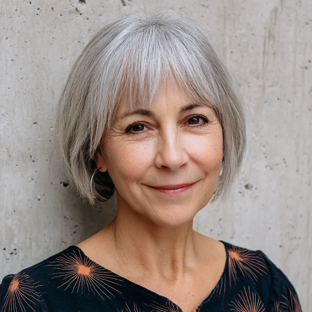 Chic Textured Gray Bob with Soft Bangs