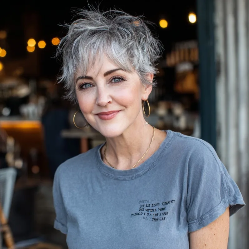 Chic Textured Grey Pixie with Playful Volume