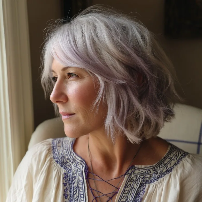 Chic Textured Lob with Subtle Lavender Highlights