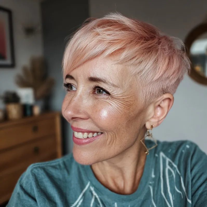 Chic Textured Pixie with Soft Blush Highlights