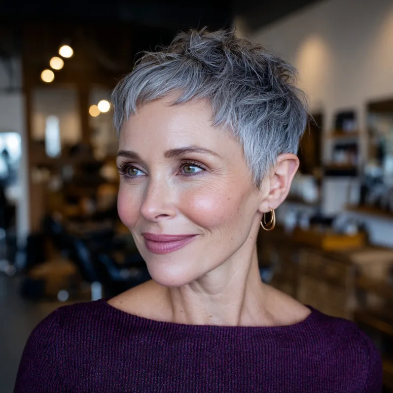 Chic Textured Short Grey Pixie with Playful Volume
