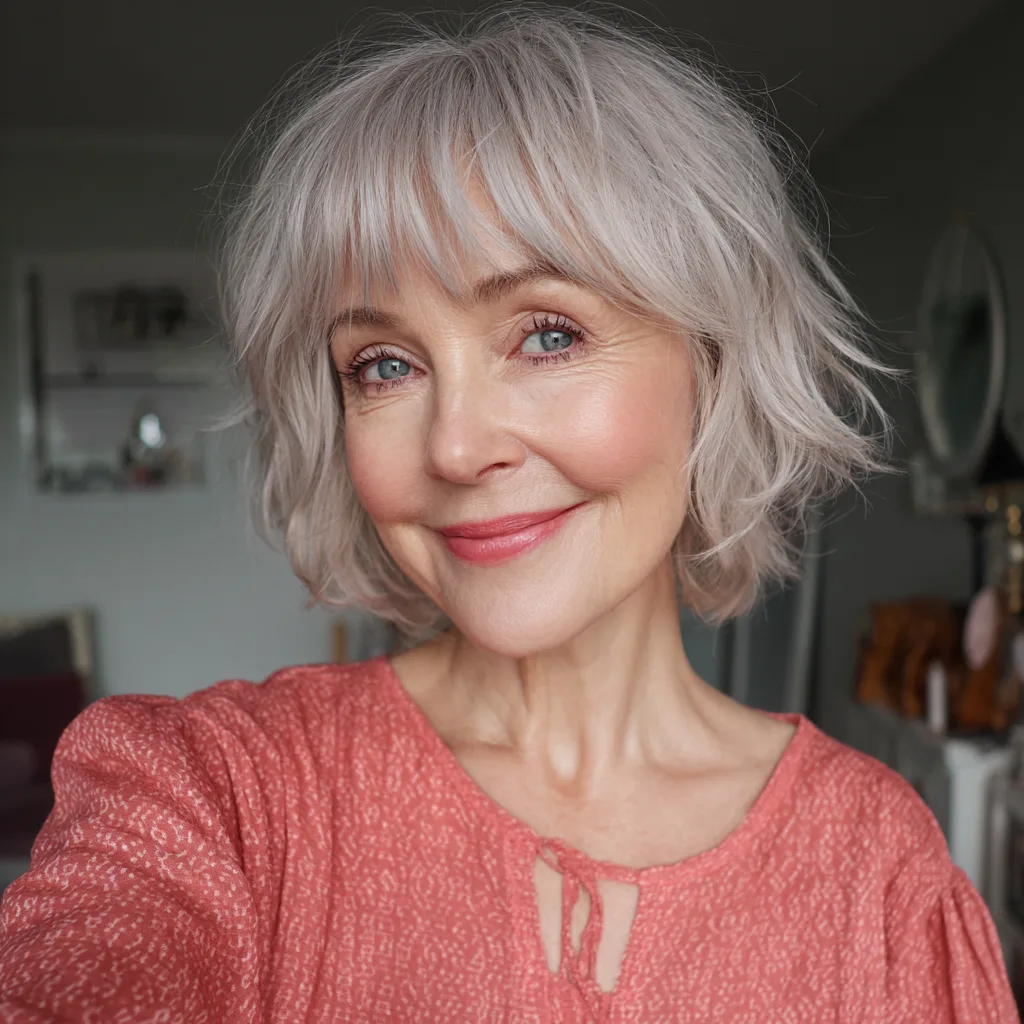 Chic Textured Silver Bob with Playful Bangs