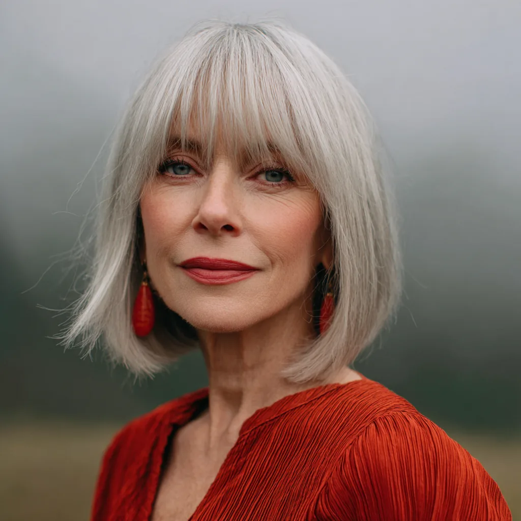 Chic Textured Silver Bob with Soft Bangs