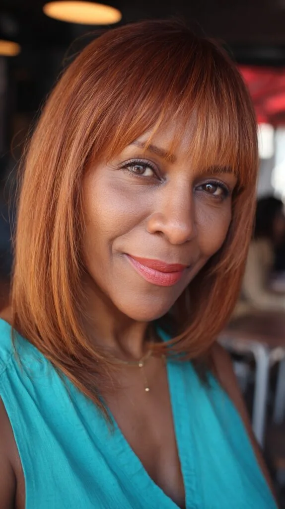 Chic Warm Copper Lob with Soft Bangs