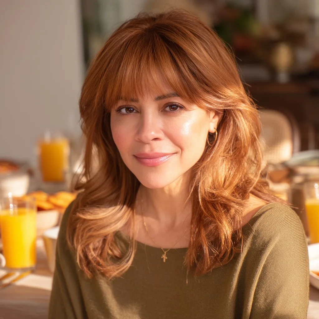 Chic Warm Layered Cut with Face-Framing Bangs