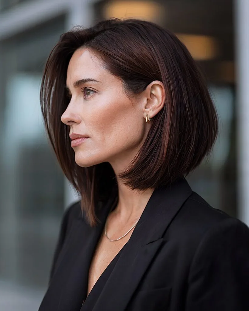 Chiclette medium bob with sleek, rounded shape and rich espresso tone for women over 40