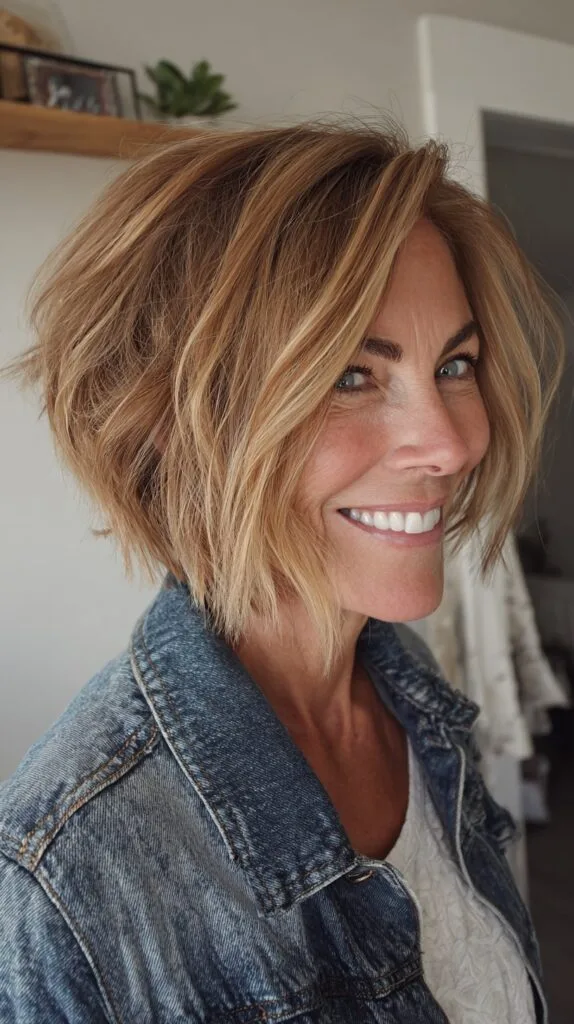 Chin-Grazing Bronde Bob with Stacked Nape and Razor-Textured Ends