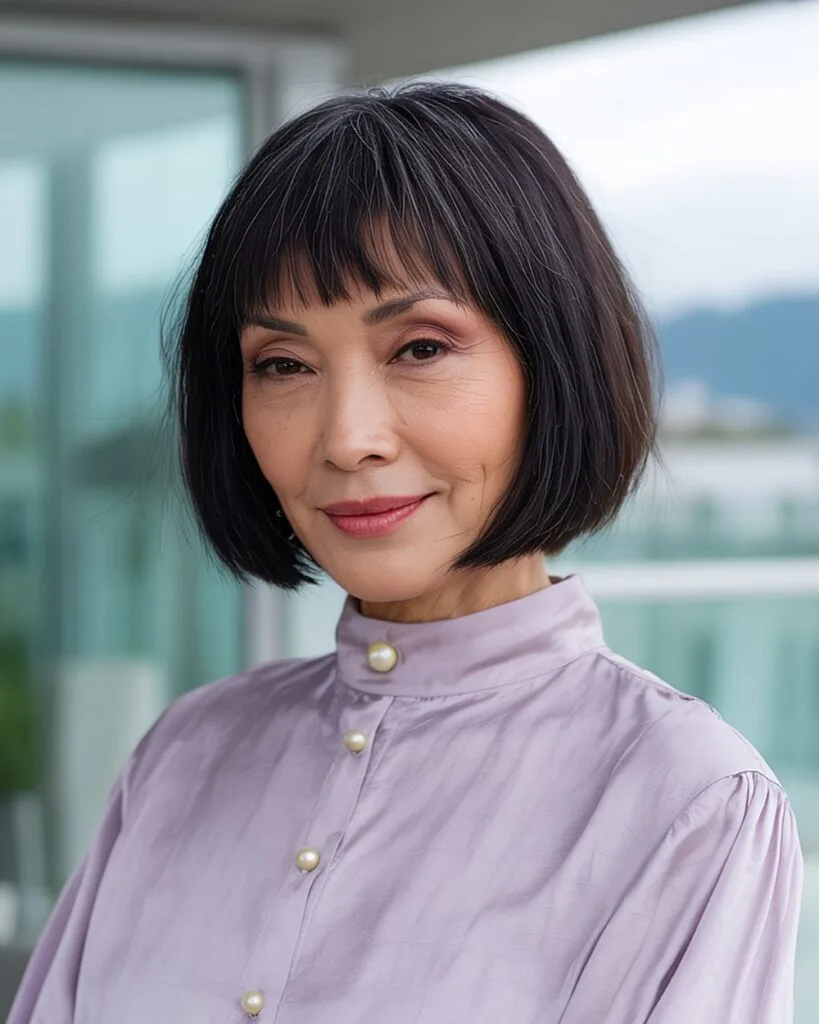 Chin-length blunt bob with choppy micro bangs on straight fine hair for mature women