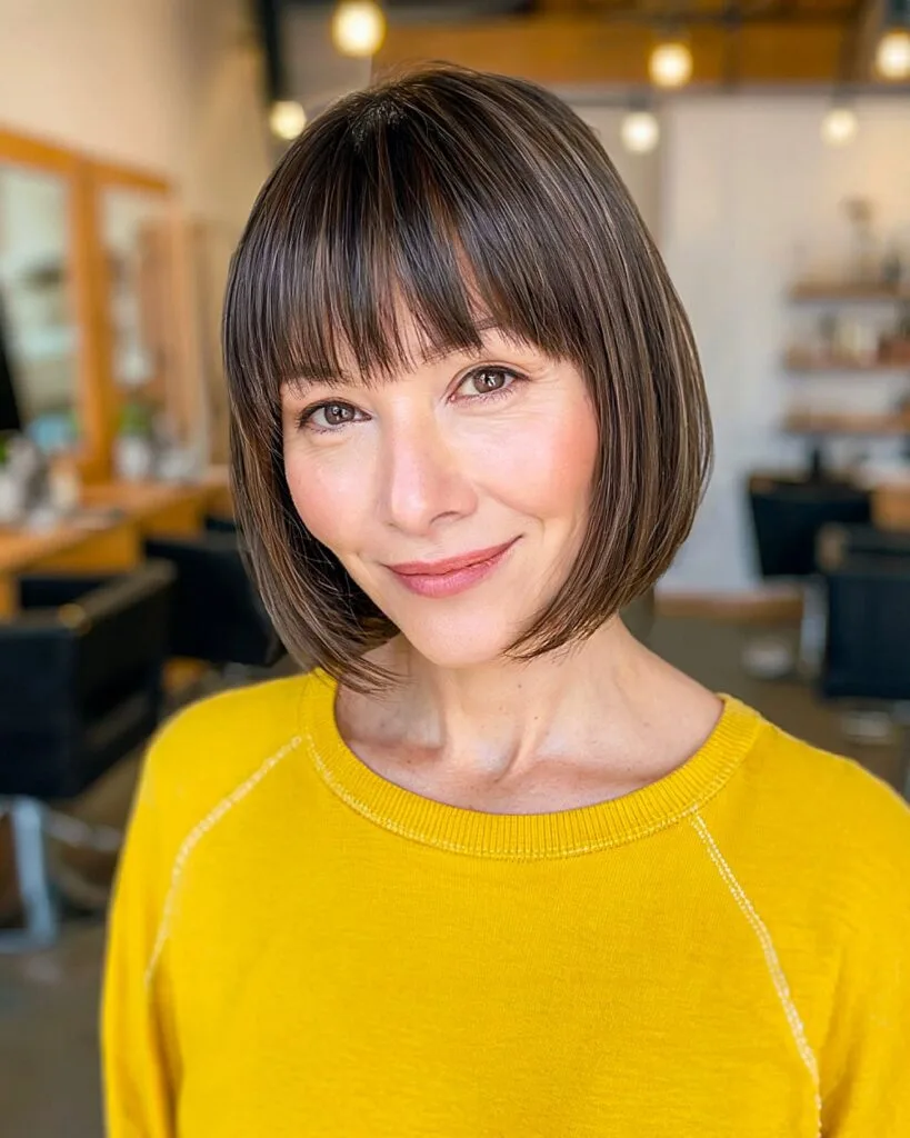 Chin-length bob with blunt bangs for women over 40 seeking a sleek, modern short cut