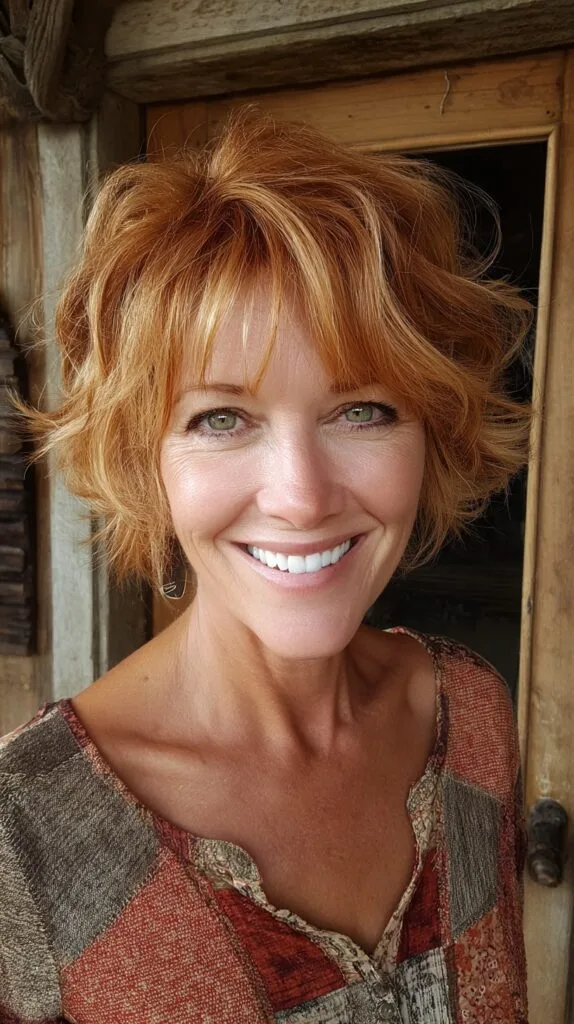 Chin-Length Copper Tousled Bob with Soft Feathered Fringe