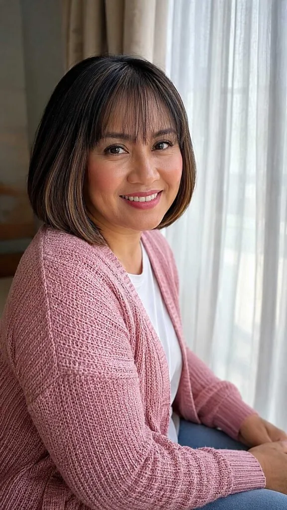 Chin-Length Dark Bob with Subtle Warm Ends and Soft Wispy Fringe