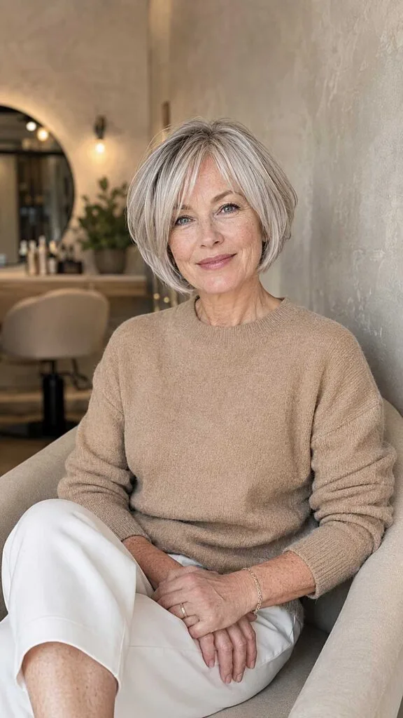 Chin-Length Gray Bob with Wispy Side Bangs