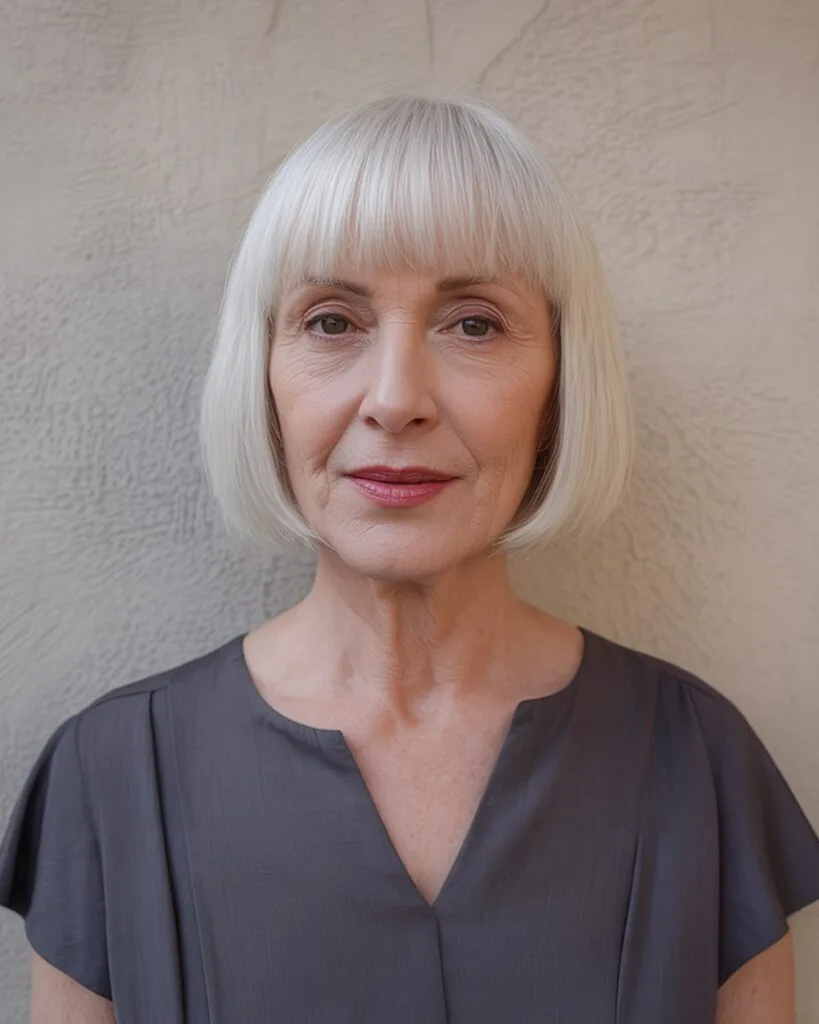 Chin-length platinum bob with blunt bangs for older women with straight, fine hair